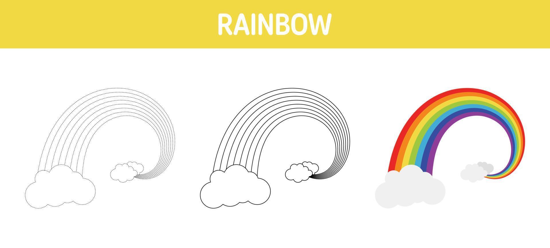 Arbeitsblatt zum Nachzeichnen und Färben von Regenbogen für Kinder vektor