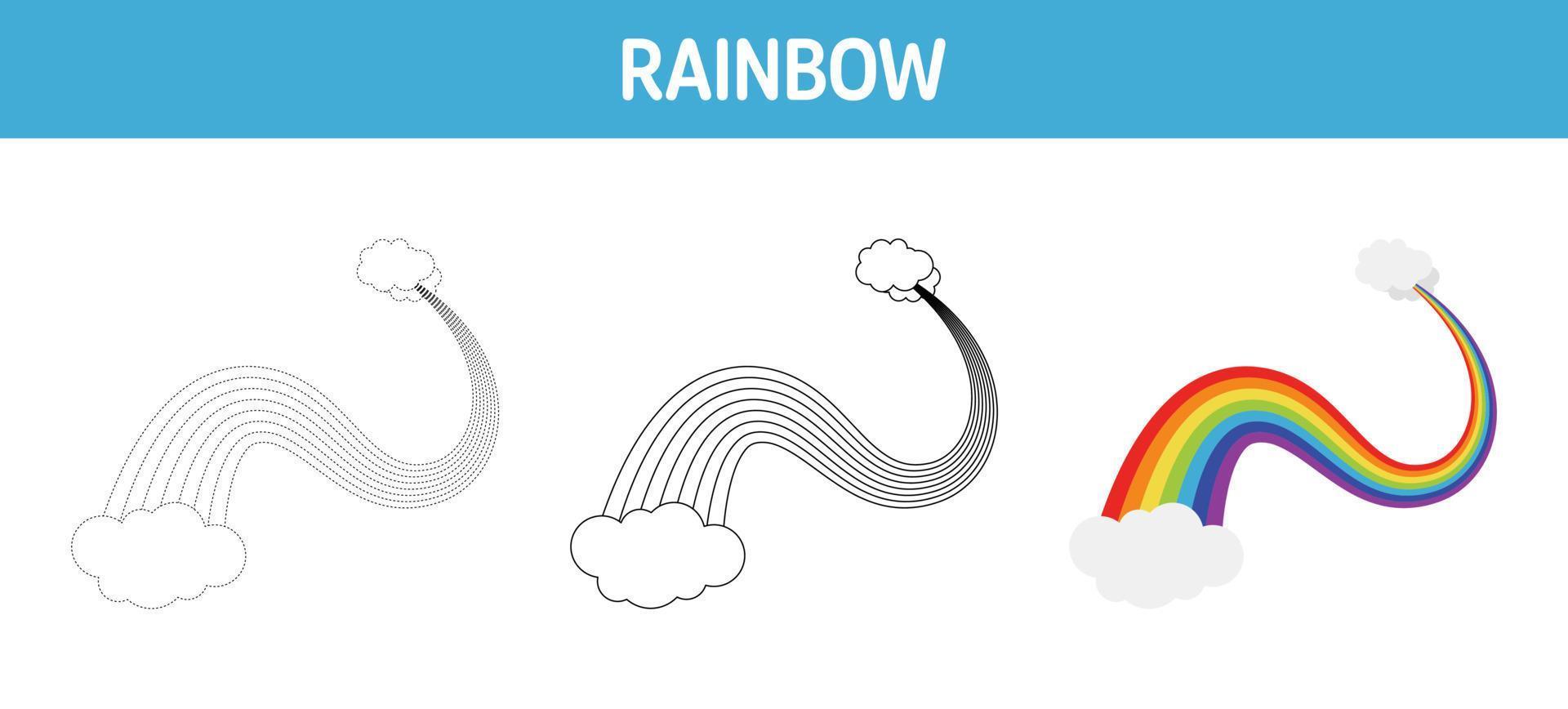 Arbeitsblatt zum Nachzeichnen und Färben von Regenbogen für Kinder vektor