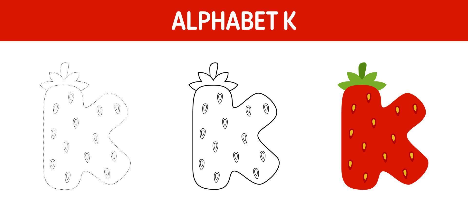 Arbeitsblatt zum nachzeichnen und ausmalen von alphabet k für kinder vektor