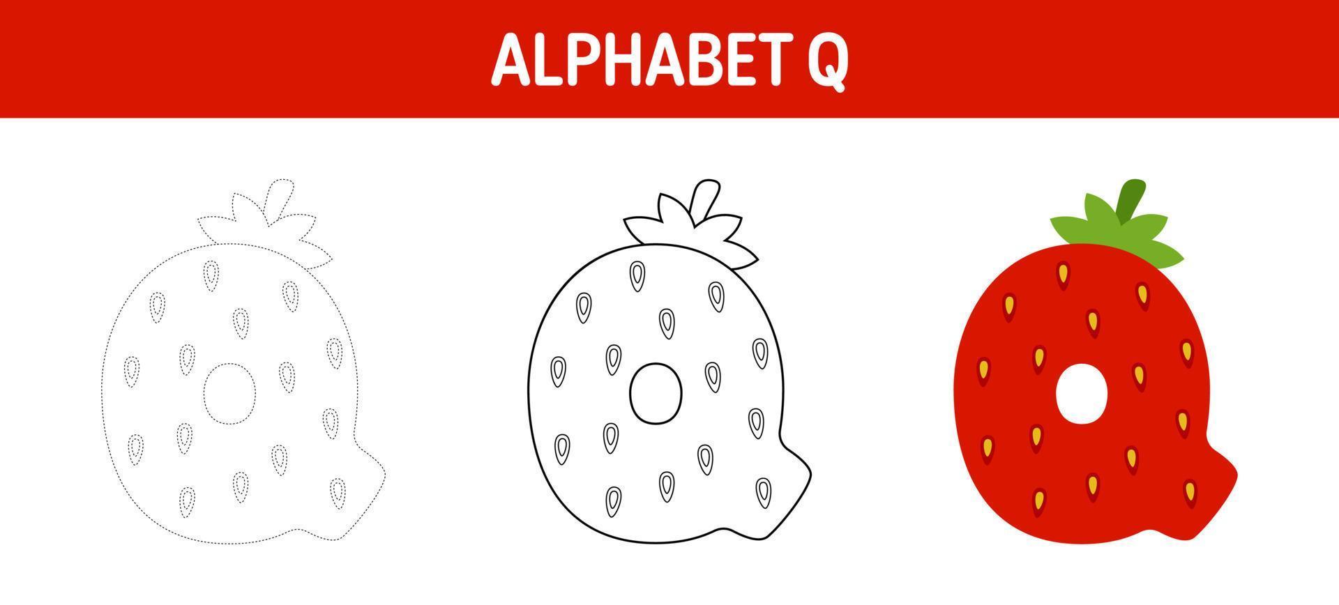 Arbeitsblatt zum nachzeichnen und ausmalen von alphabet q für kinder vektor