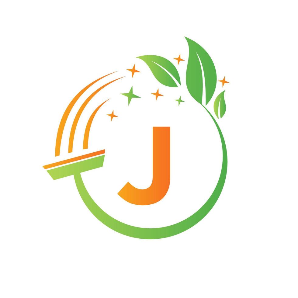 dienstmädchen-logo auf buchstabe j-konzept mit sauberem bürstensymbol vektor