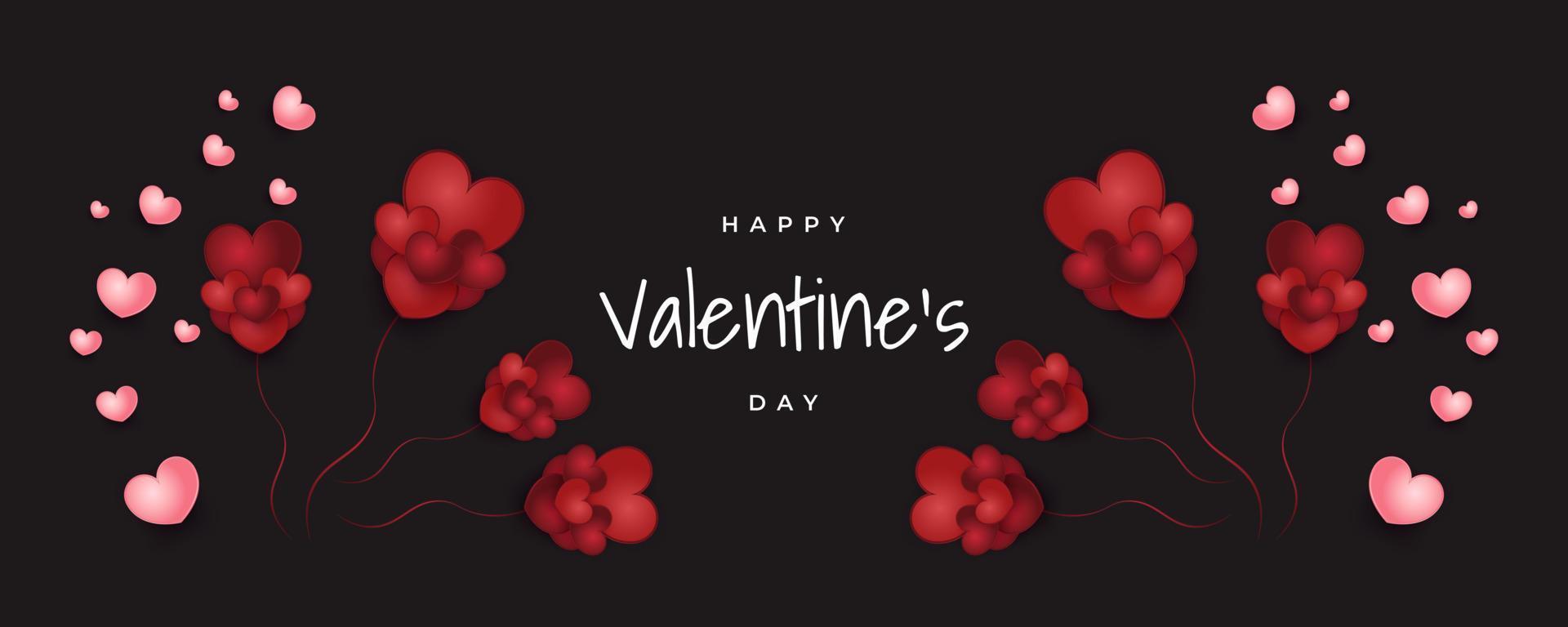 horizontales valentinstagbanner mit roten und rosa herzen isoliert auf schwarzem hintergrund. Happy Valentines Day Typografie vektor