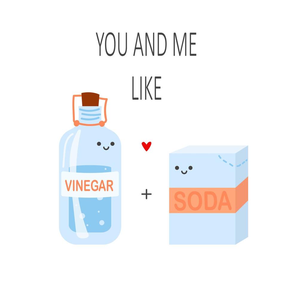 süße Postkarte du und ich. eine Kiste Soda und eine Flasche Essig auf weißem Hintergrund, Liebe. vektor