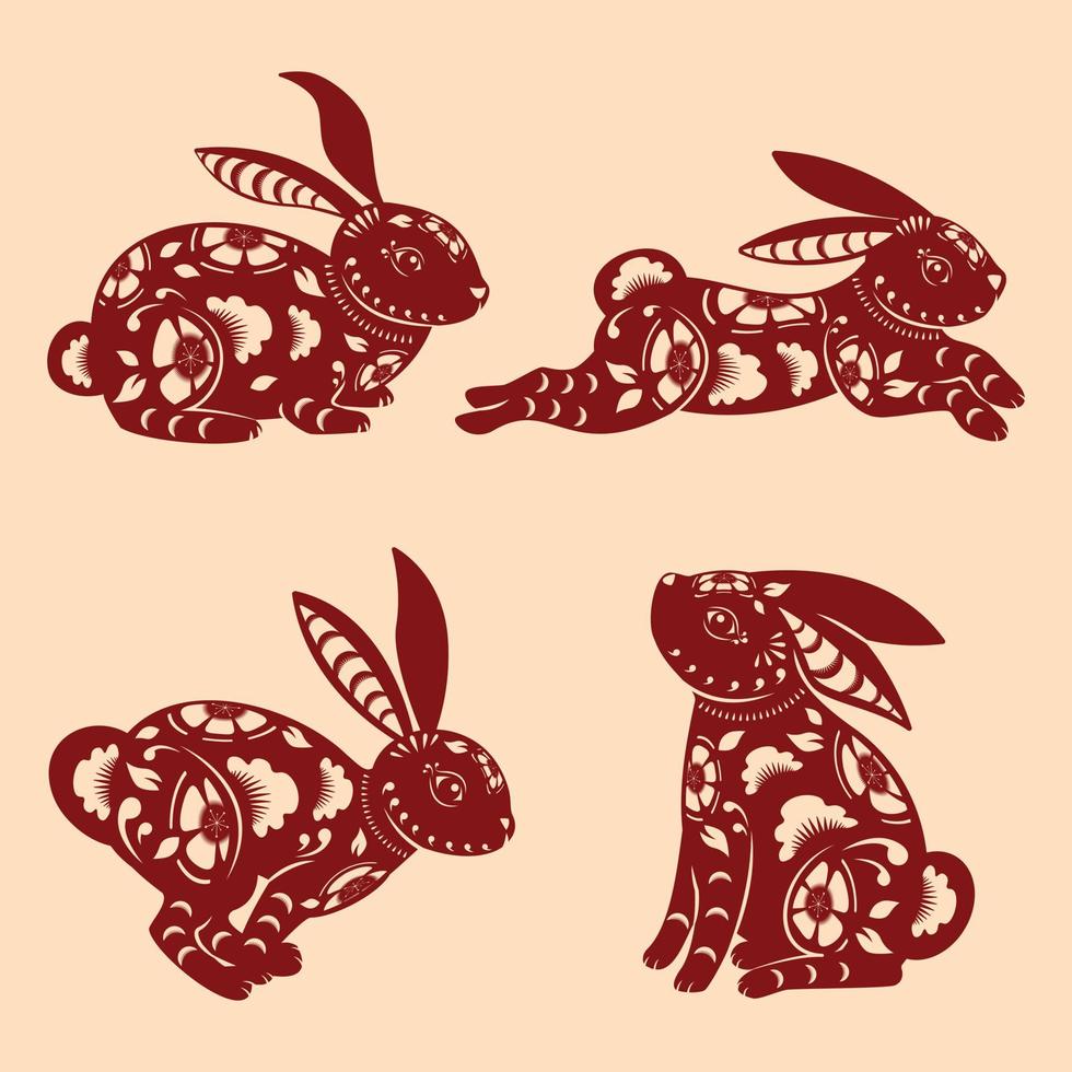 vektor kinesisk ny år 2023, uppsättning av lunar år röd kanin zodiaken med kinesisk blomma mönster.