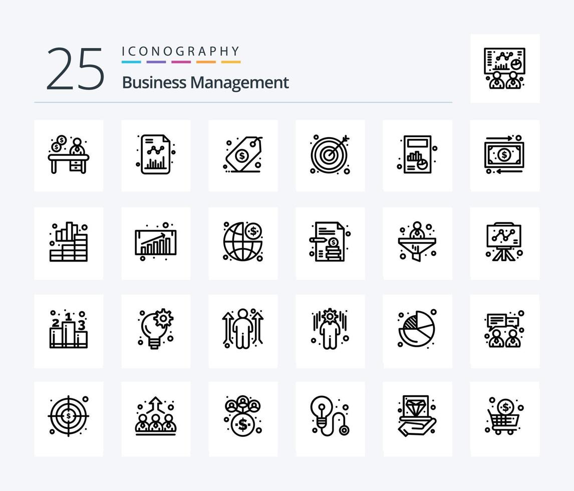 Business Management 25-Zeilen-Icon-Pack einschließlich Diagramm. Unternehmen. Unternehmen. Ziel. Pfeil vektor