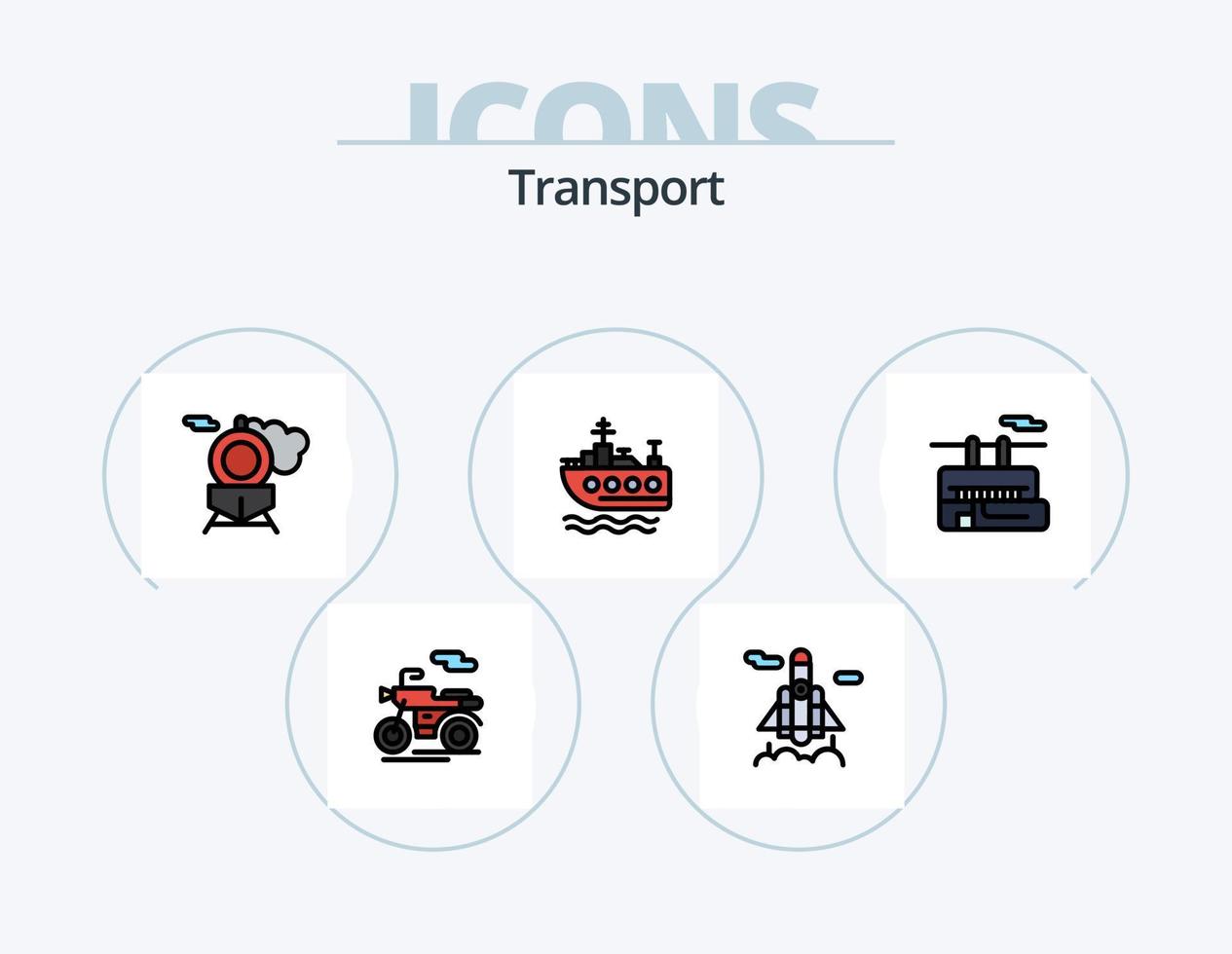 Transportlinie gefüllt Icon Pack 5 Icon Design. Tourismus. Lager. Motor. Fahrzeug. Trainer vektor