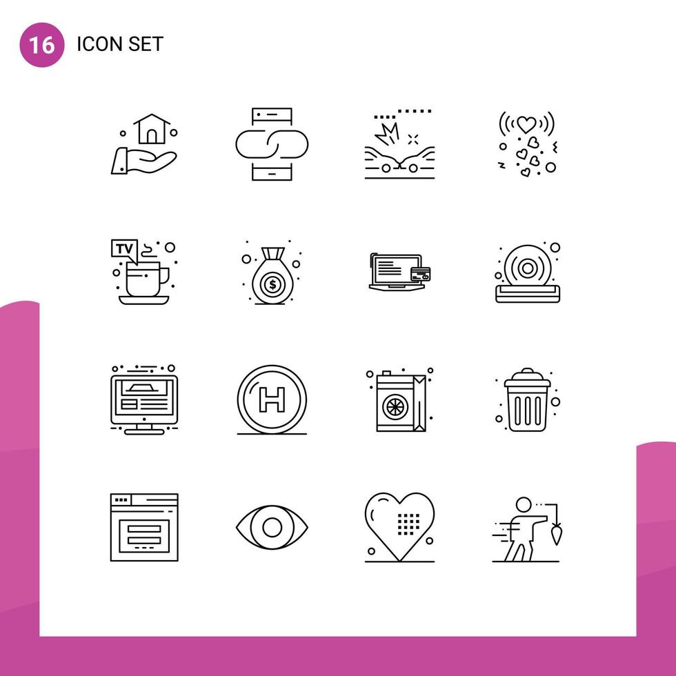 grupp av 16 konturer tecken och symboler för te kopp bil signal kärlek redigerbar vektor design element