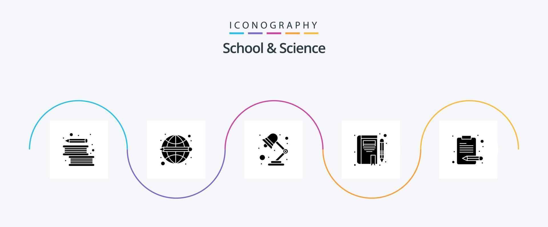 skola och vetenskap glyf 5 ikon packa Inklusive innehåll. lampa. skrivande. bok vektor