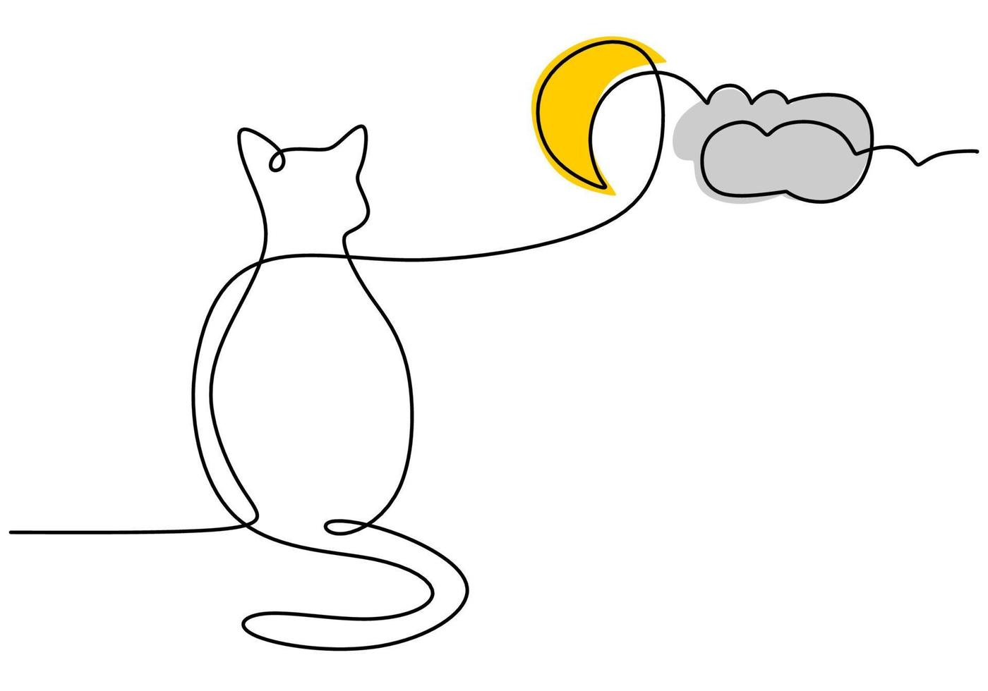hand teckning ett linje av katt och måne isolerat på vit bakgrund. vektor