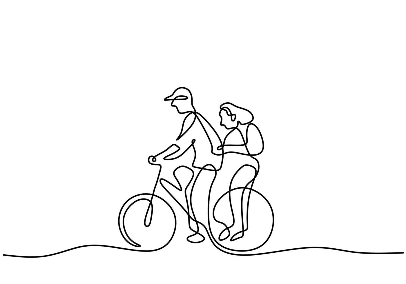 hand teckning ett linje av par ridning cykel på vit bakgrund. vektor