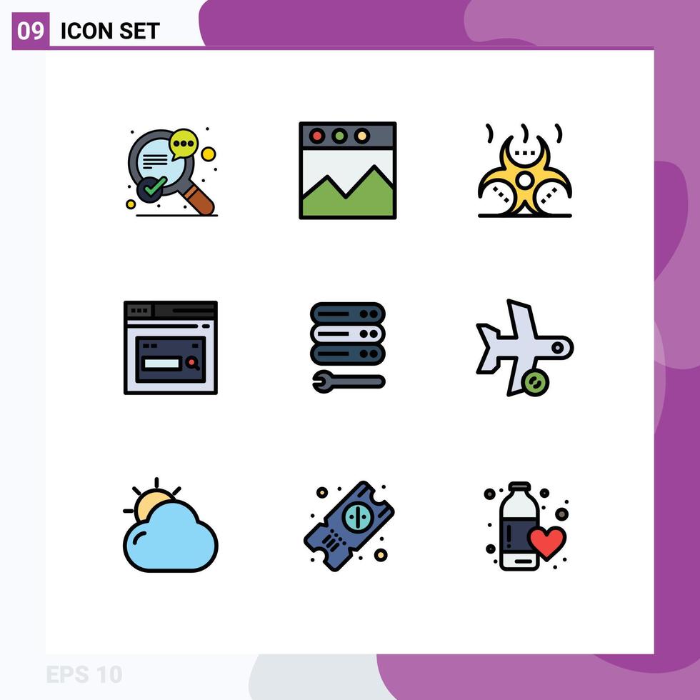 Gruppe von 9 modernen Filledline-Flachfarben, die für die Einstellungen der Suche nach Kontamination auf der Website-Seite festgelegt sind, editierbare Vektordesign-Elemente vektor