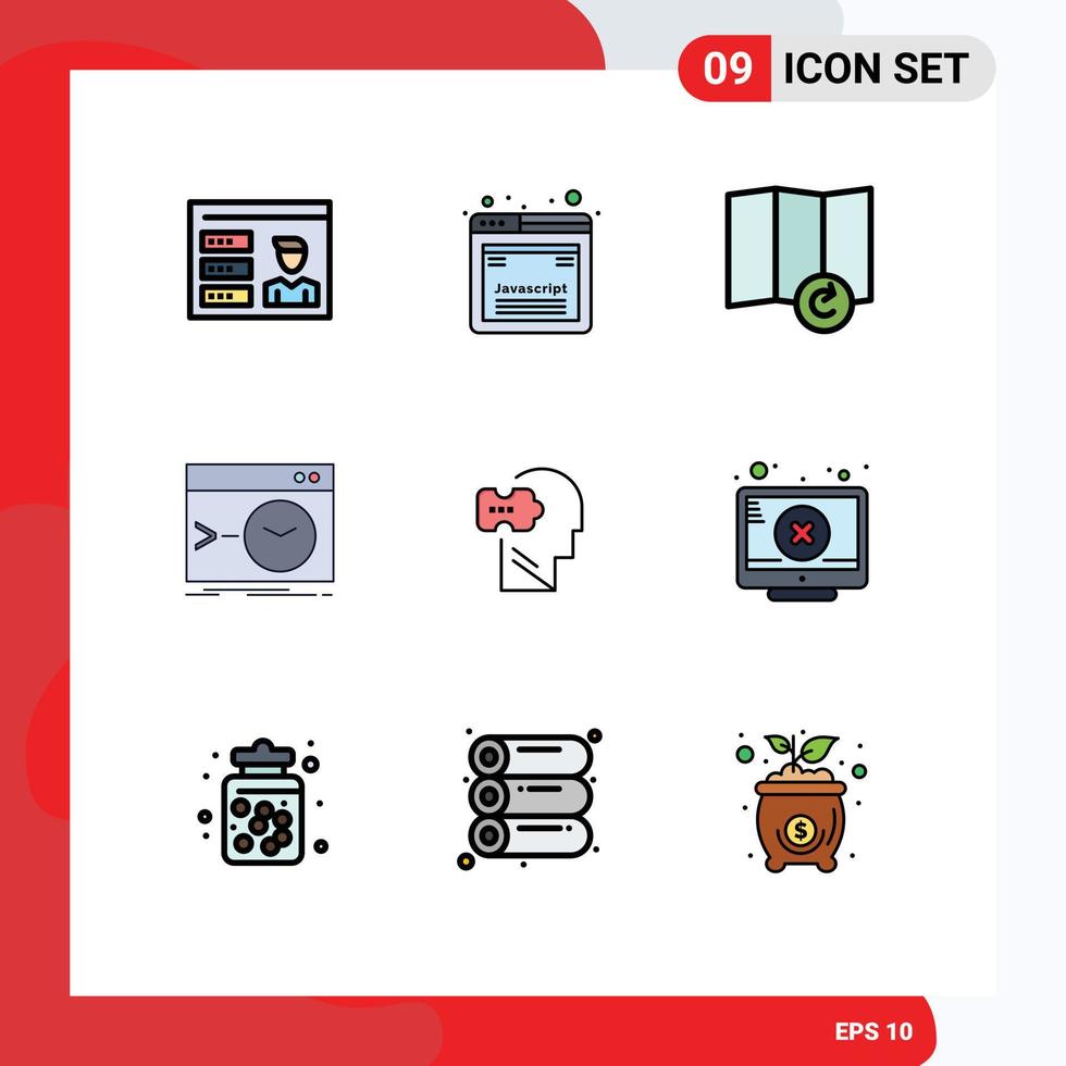 Packung mit 9 kreativen Filledline-Flachfarben von bearbeitbaren Vektordesign-Elementen für Problemlogik-Map-Terminal-Root vektor