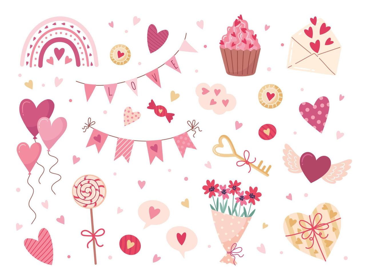 valentinstag elemente gesetzt. geschenk, herz, ballon, blumen, cupcake, blumenstrauß, süßigkeiten und andere zur dekoration. Aufkleber Cartoon-Stil. Vektor-Illustration. vektor