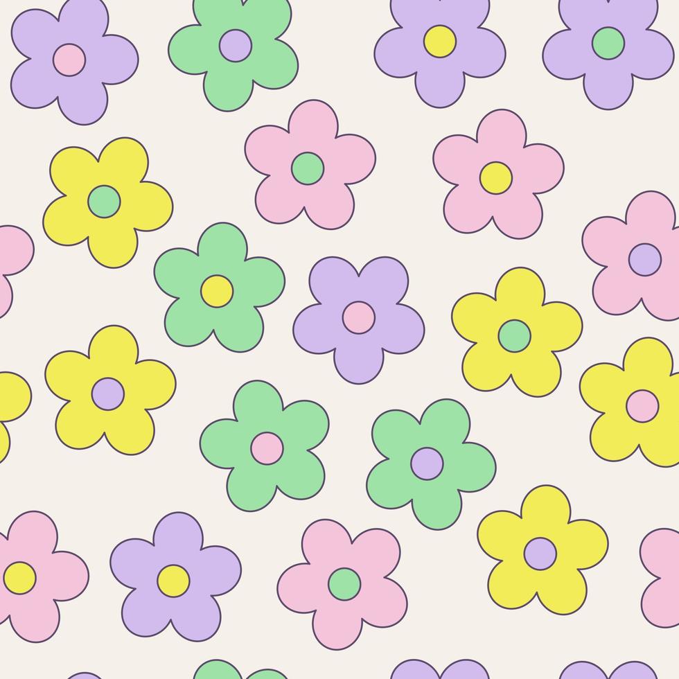 y2k sömlös mönster med häftig daisy. vektor bakgrund i trendig retro trippy 2000-talet stil. lila, rosa, gul och grön Färg. rolig söt textur för yta design.