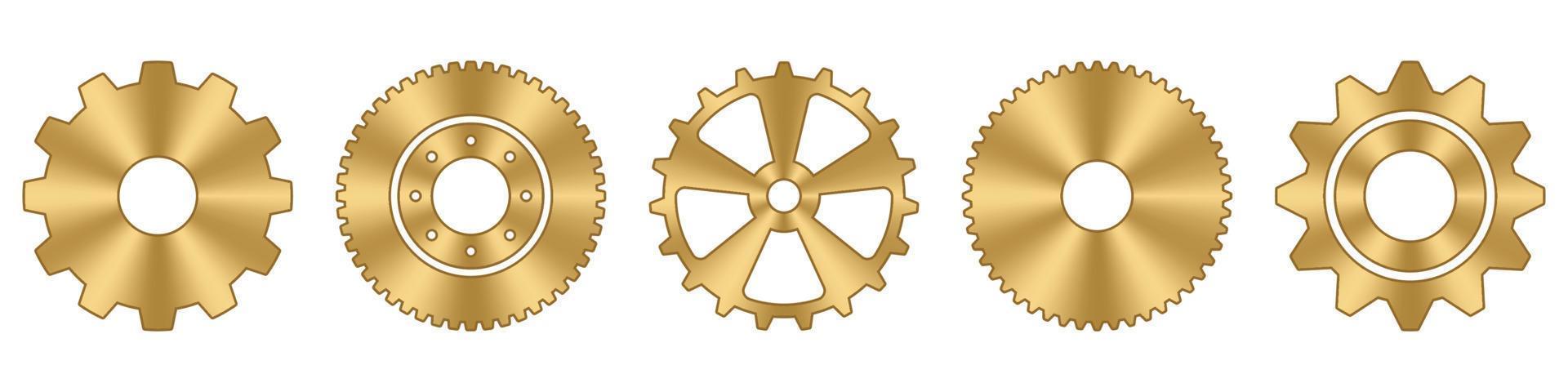 Zahnräder gesetzt. Sammlung von Zahnrädern aus Goldmetall. Industrielle Ikonen. Zahnradeinstellung Vektor-Icon-Set. Vektor-Illustration vektor