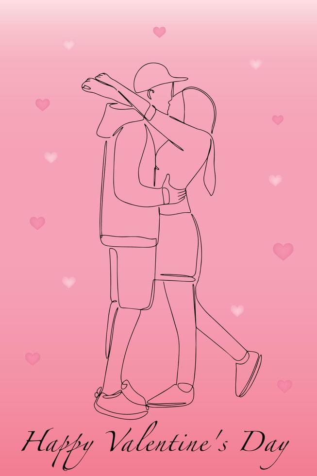 vykort Lycklig hjärtans dag. silhuett av kramas älskare. omfamning av en man och en kvinna. vektor illustration