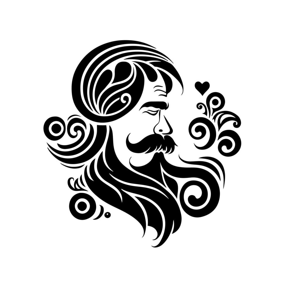 dekorativ, man med eleganta hår, skägg och mustasch. dekorativ illustration för frisör logotyp, emblem, tatuering, broderi, laser skärande. vektor