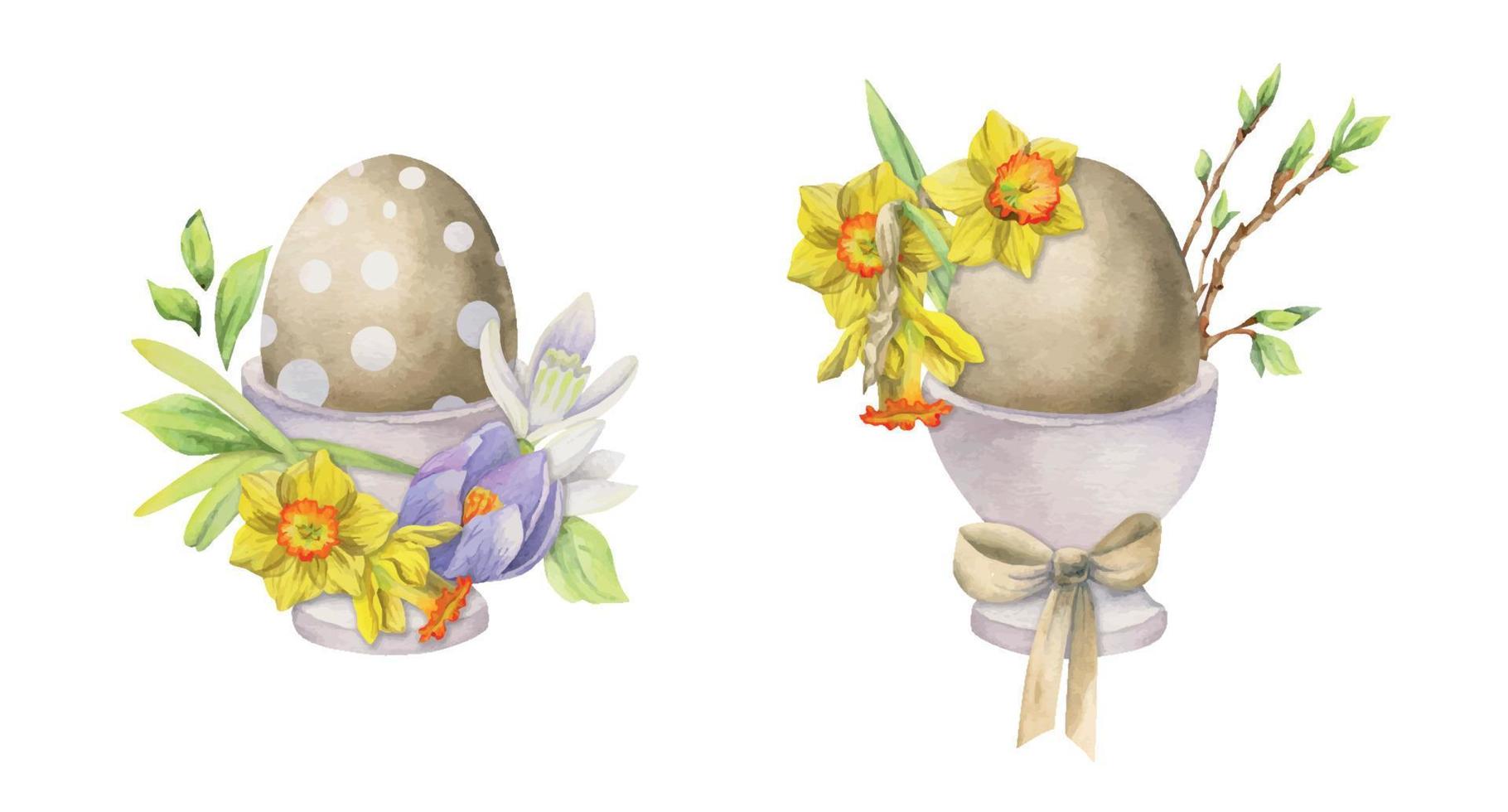 aquarell handgezeichnete osterfeier clipart. Bemalte Eier in Porzellantassen mit Blättern, Blumen, Pastellfarbe isoliert auf weißem Hintergrund. für einladungen, geschenke, grußkarten, druck, textil vektor