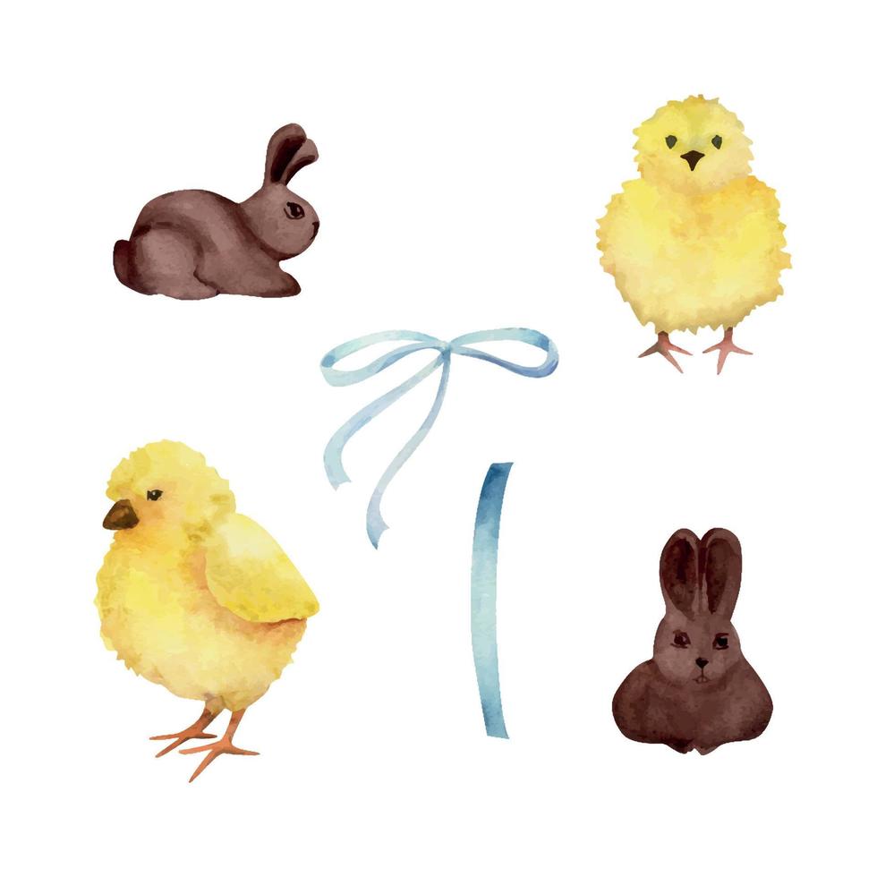 aquarell handgezeichnete osterfeier clipart. satz gelbes huhn, schokoladenhasen, bogen. Pastellfarbe. isoliert auf weißem Hintergrund. für einladungen, geschenke, grußkarten, druck, textil vektor