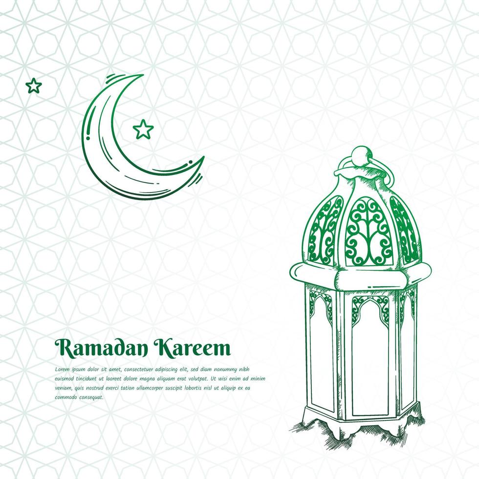 grön lykta i hand dragen design med halvmåne måne och transparent mönster bakgrund för ramadan vektor