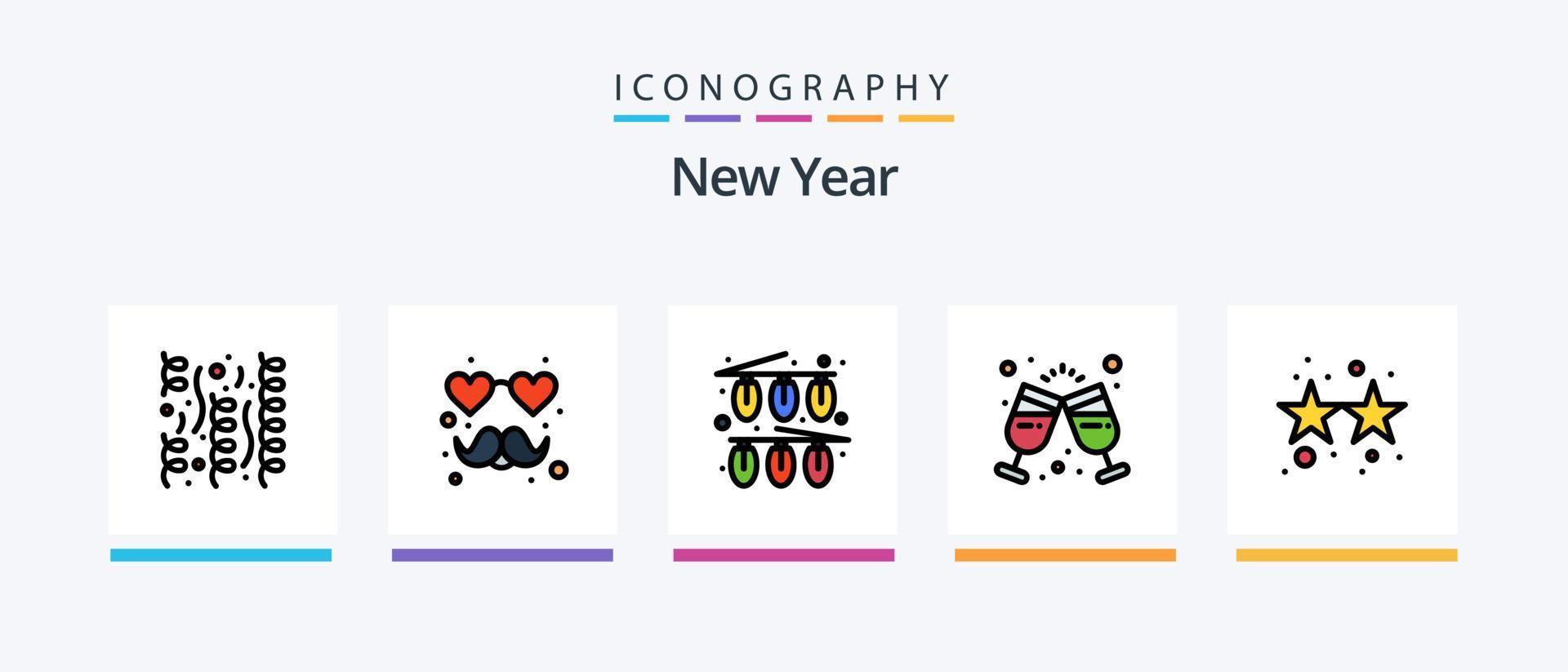 Neujahrslinie gefüllt 5 Icon Pack inklusive Geschenk. Sterne. Karte. Gruppe. Feuerwerkskörper. kreatives Symboldesign vektor