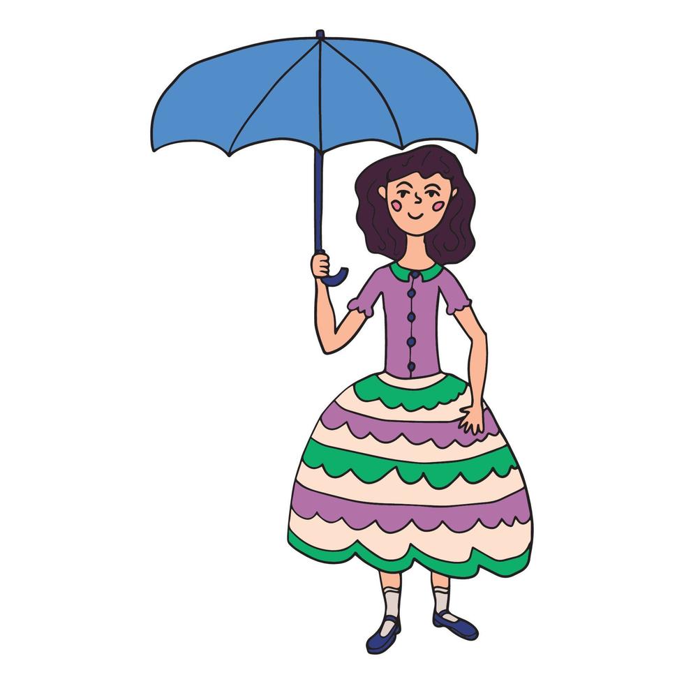 süßes Doodle glückliches kleines Mädchen im schönen Kleid unter dem Regenschirm im viktorianischen Retro-Stil isoliert auf weißem Hintergrund. vektor