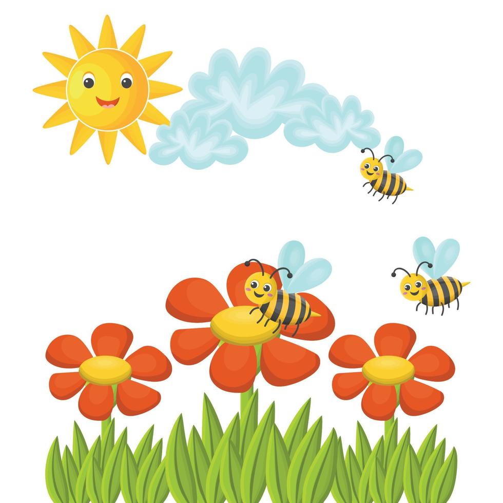 süße Cartoon-Postkarte. Sonniger Rasen mit Bienen, die unter roten Gänseblümchen und Gras fliegen, isoliert auf weißem Hintergrund. Bienen sammeln Honig am sonnigen Sommertag. vektor