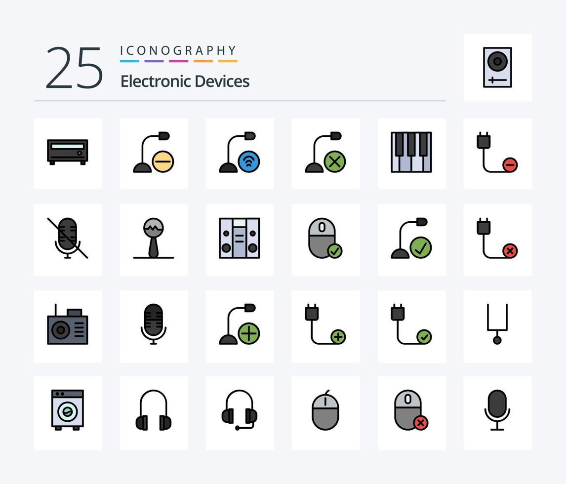 Geräte 25 Zeilen gefülltes Icon Pack inklusive Mikrofon. Energie. Klaviatur. Hardware. Kabel vektor