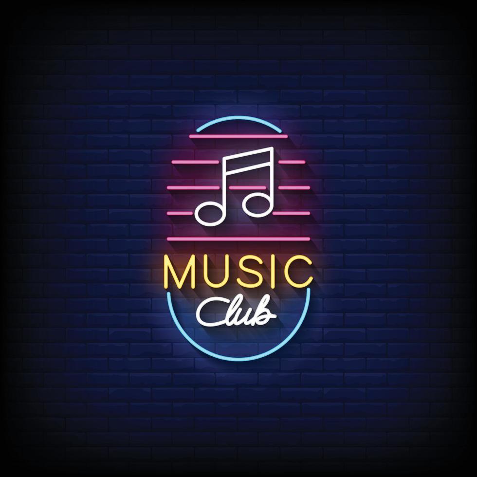 neon tecken musik klubb med tegel vägg bakgrund vektor illustration