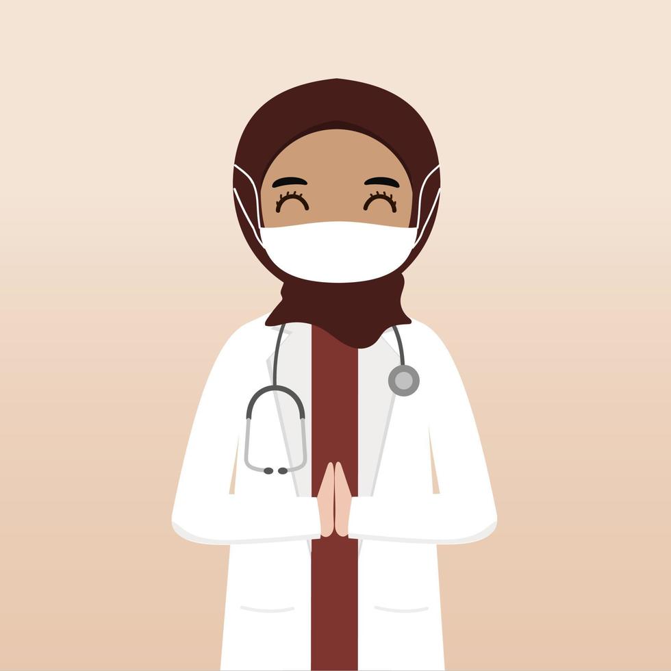 Vorderansicht muslimischer Hijab-Arztcharakter. Erstellung von Arztcharakteren mit Ansichten, Gesichtsemotionen, Posen, Gesten und Masken. Cartoon-Stil, flache Vektorillustration. Ärztin mit Maske vektor