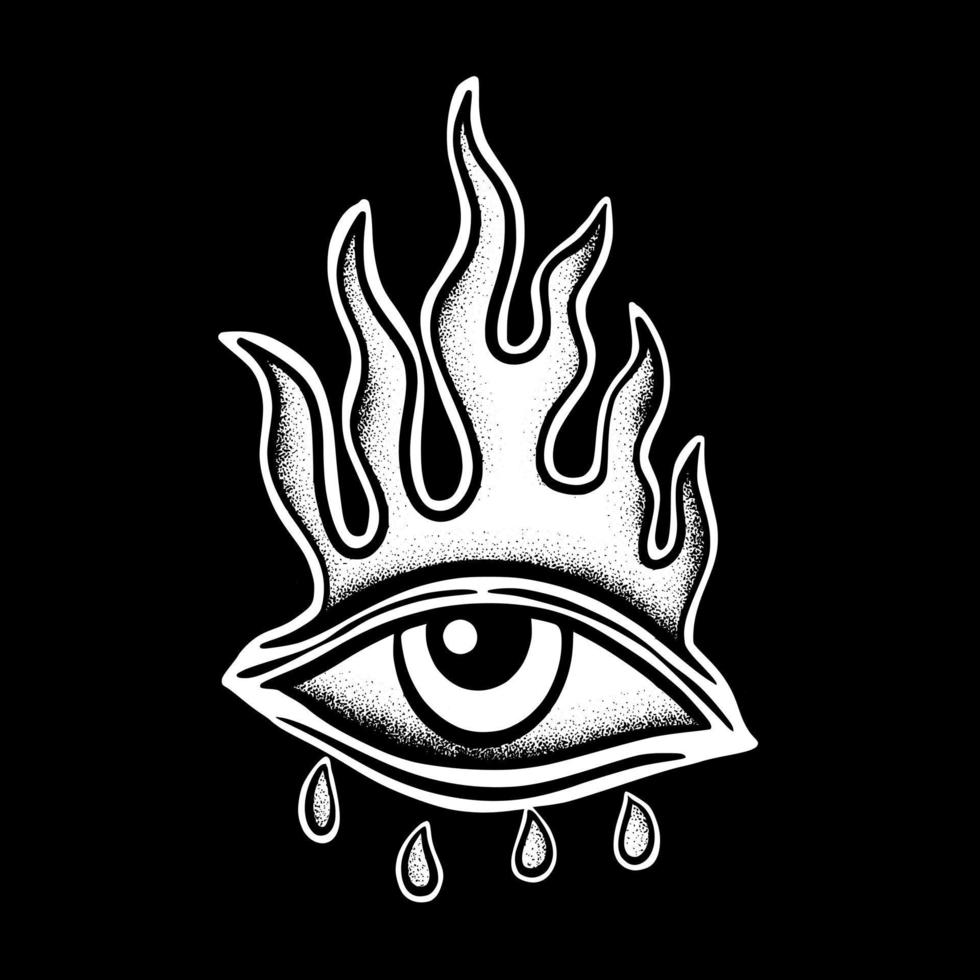 Auge Feuer Vintage Art Illustration handgezeichneter Schwarz-Weiß-Vektor für Tattoo, Aufkleber, Logo etc vektor