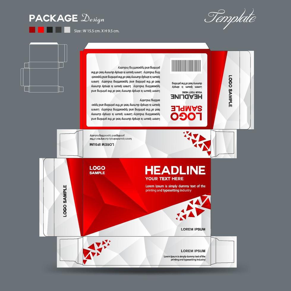 tillskott och kosmetisk låda design, paket design mall, låda översikt, låda förpackning design, märka design, förpackning design kreativ aning vektor illustration, röd polygon bakgrund