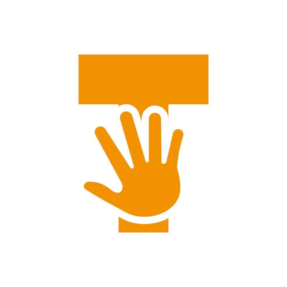 buchstabe t hand logo konzept für handpflege, zeichen für wohltätigkeit und spendenlogo symbol vektorvorlage vektor