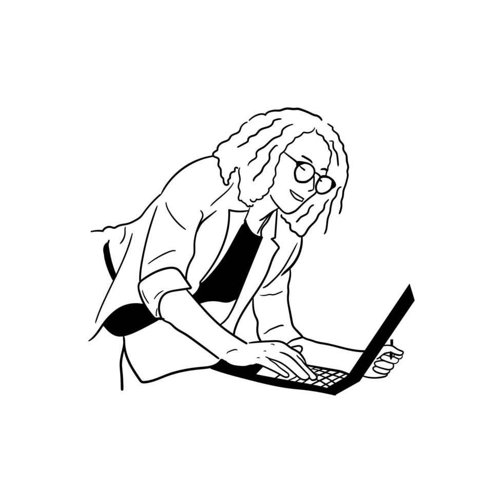 minimalistische illustration einer frau, die vor einem laptop arbeitet vektor