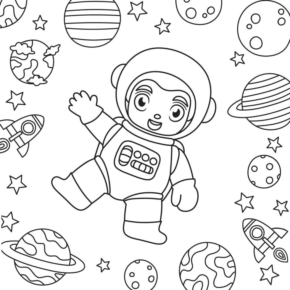 färg bok för barn astronaut hälsar från Plats med raket planet och stjärnor vektor