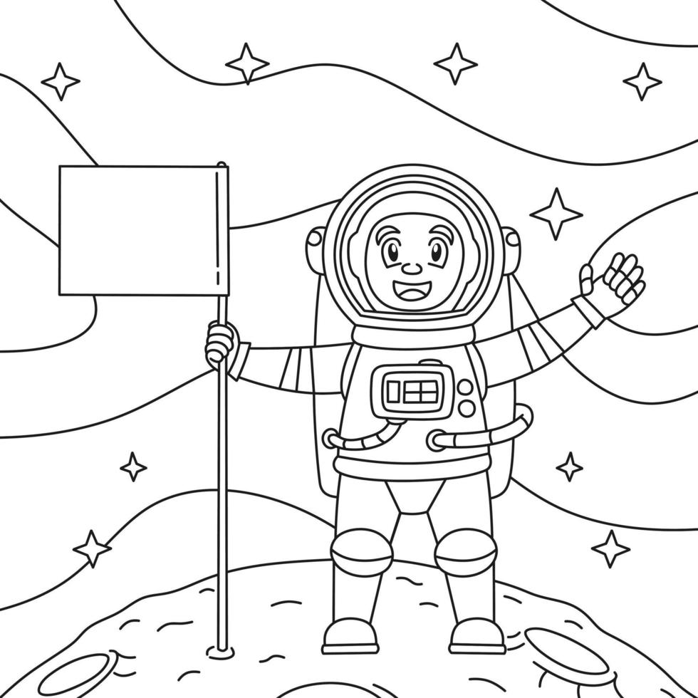 Malbuch für Kinder Astronauten kleben die Landesflagge auf den Mond vektor