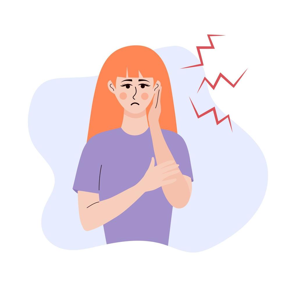 traurige Frau mit Ohrenschmerzen. Schmerzen, Otitis, Tinnitus, Entzündung im menschlichen Ohr. vektor