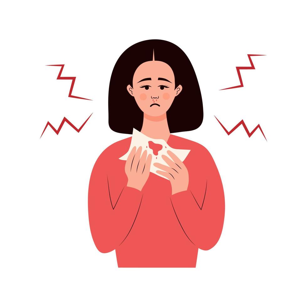ledsen kvinna med en näsblödning innehav servett. nasal blödning, sjukdom, hälsa problem begrepp. vektor