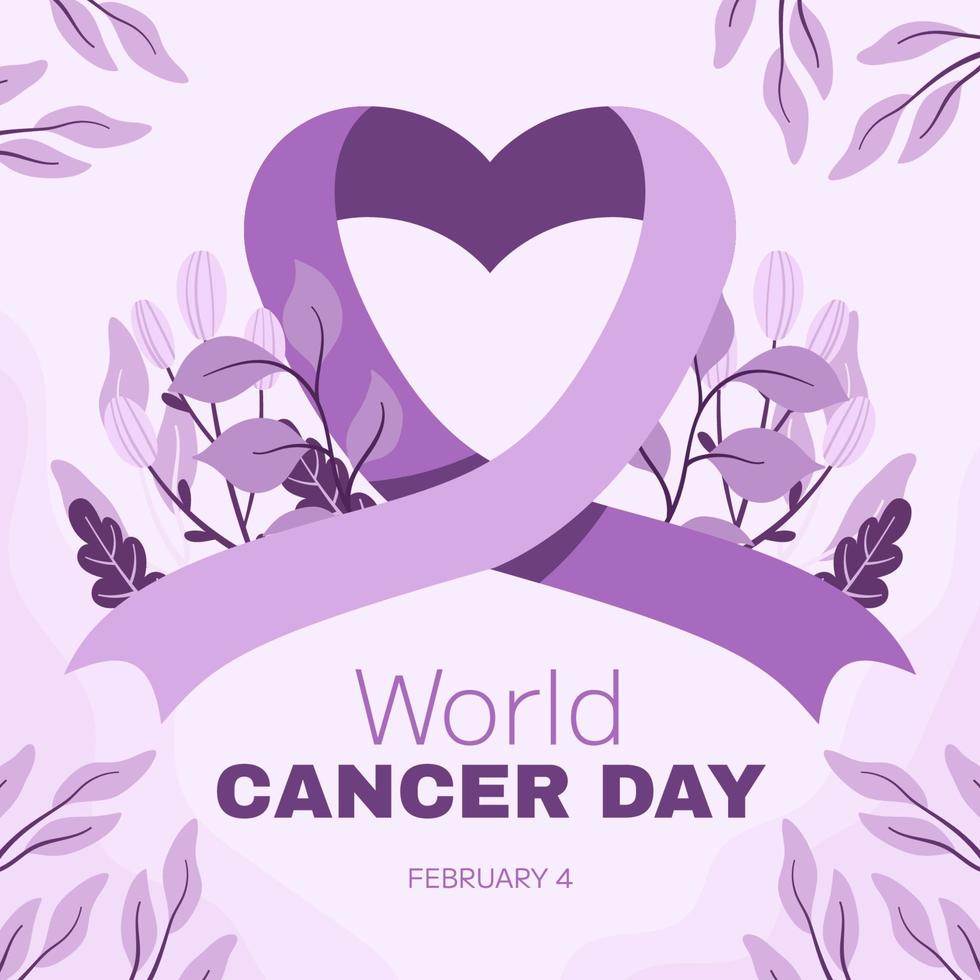 värld cancer medvetenhet dag februari 4:a. lila eller lila band symbol av cancer med blomma runt om. sluta cancer kampanj hälsa vård fyrkant mall för social media eller hemsida vektor