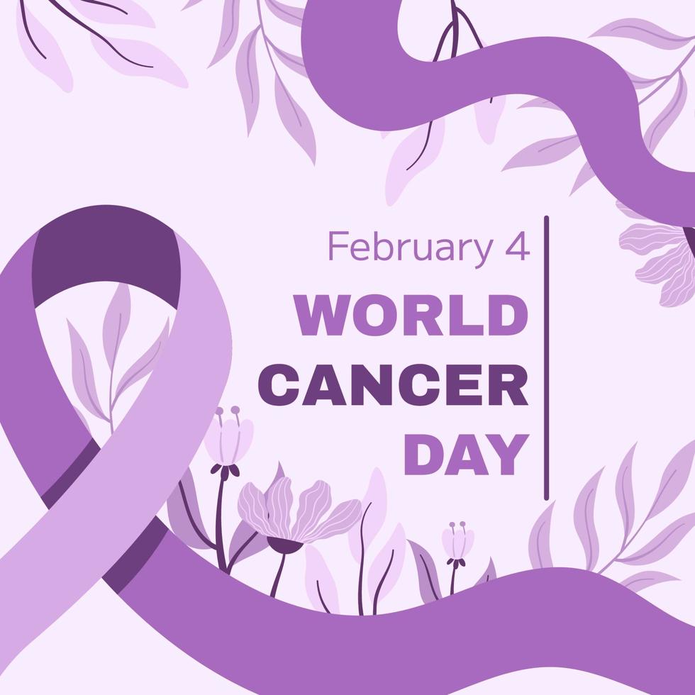 värld cancer medvetenhet dag februari 4:a. lila eller lila band symbol av cancer med blommig och blad. sluta cancer kampanj hälsa vård fyrkant mall för social media eller hemsida vektor