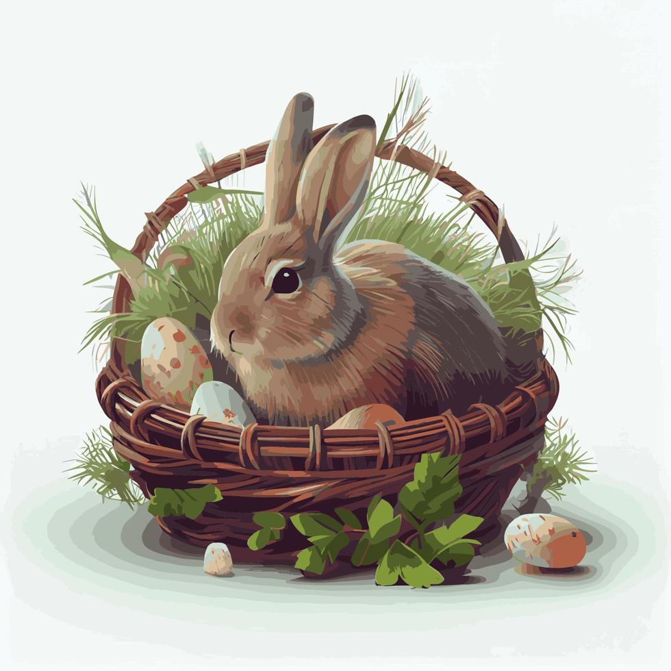 festlig korg med söt kanin och påsk ortodox ägg på en ljus bakgrund - vektor