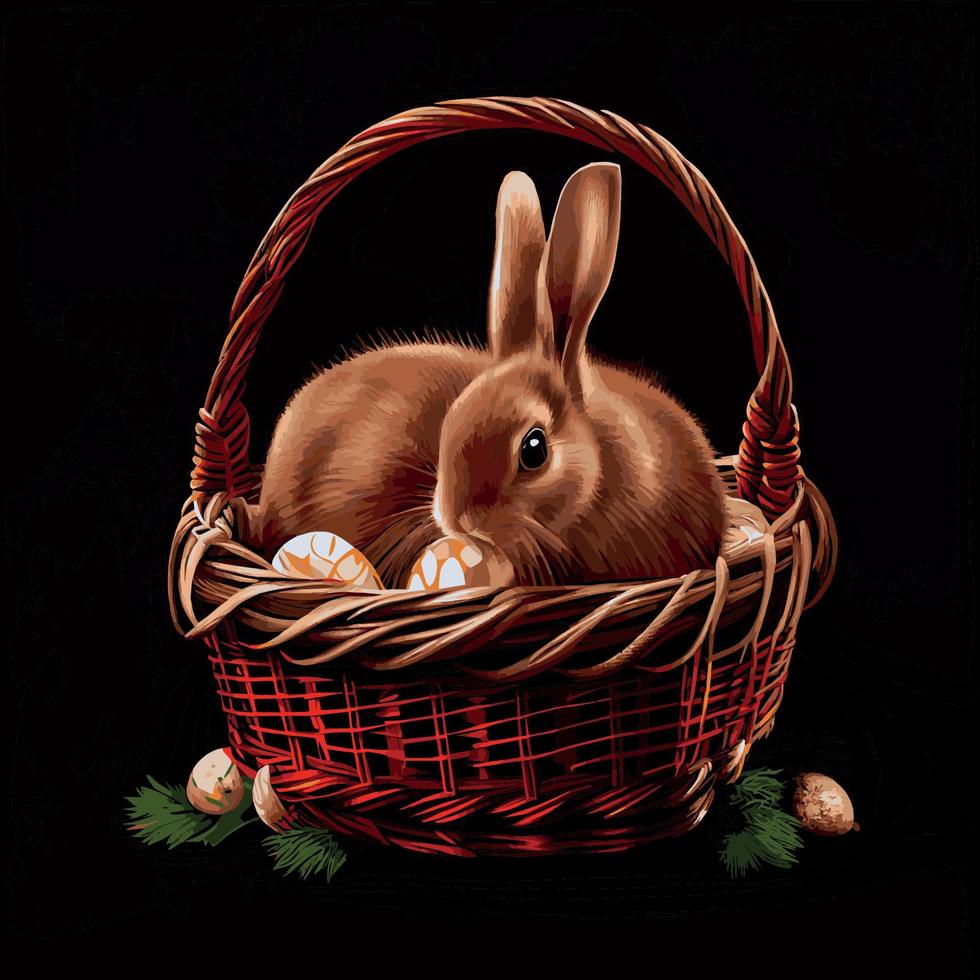 festlig korg med söt kanin och påsk ortodox ägg på mörk bakgrund - vektor