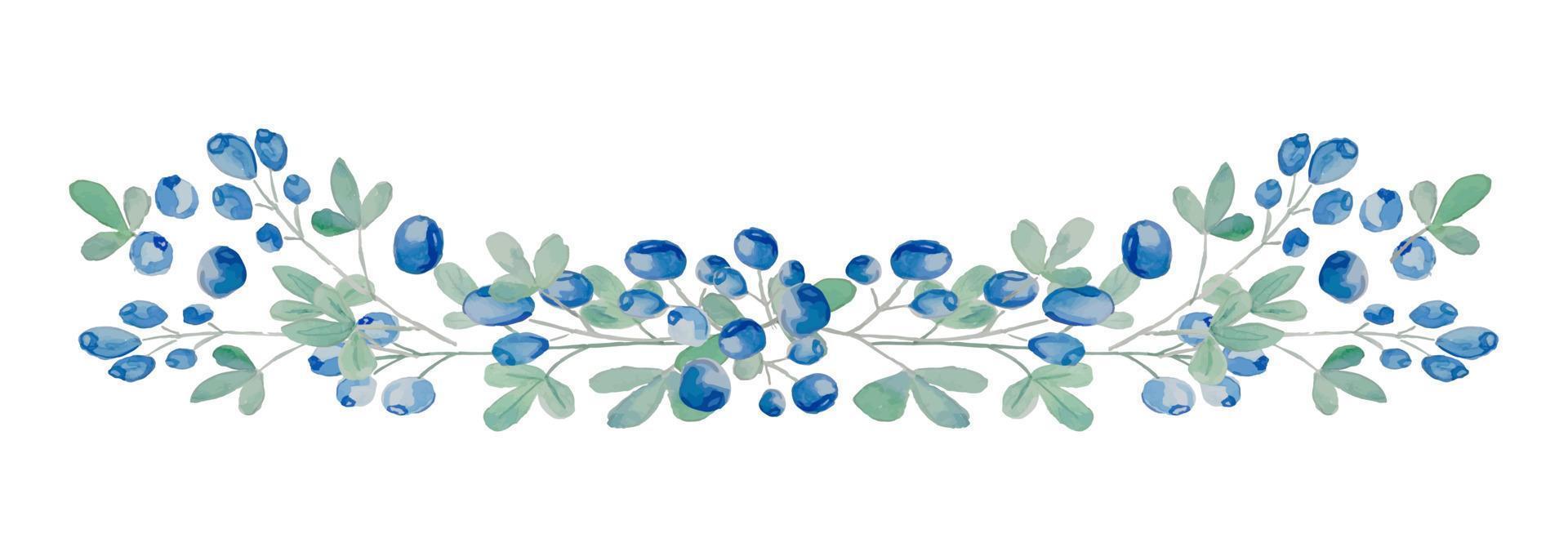 vektor vattenfärg blåbär horisontell gren på vit bakgrund