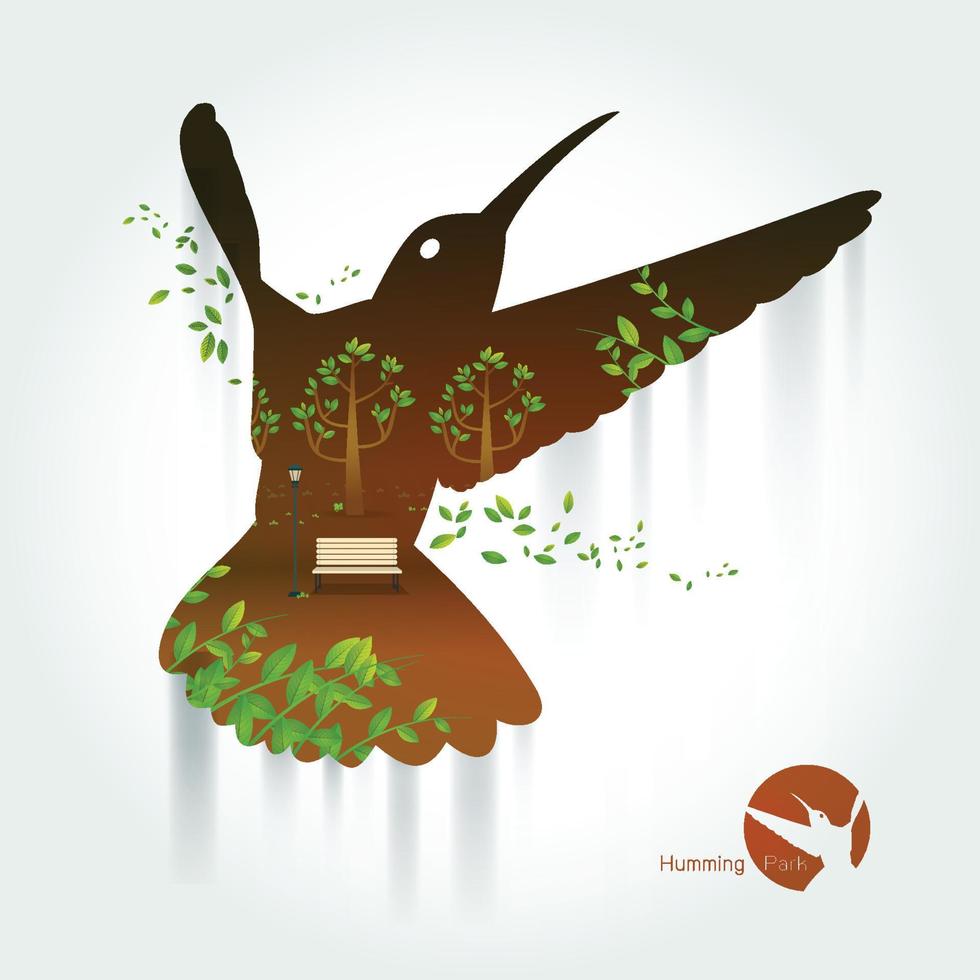 silhuett av kolibri med parkera på exotisk landskap vektor