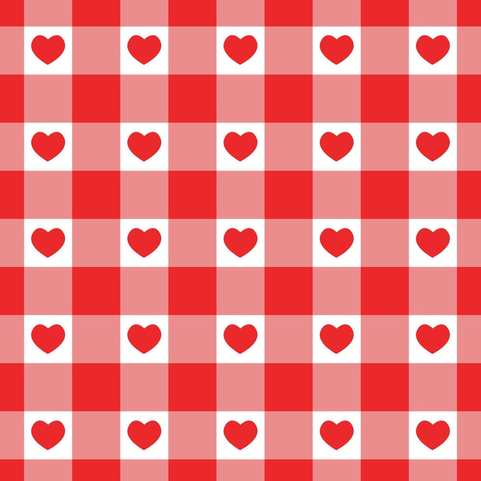 rot-weiß kariertes nahtloses Muster mit Herzen. Karierte Valentinstag-Textur für Picknickdecke, Tischdecke, Plaid. Geometrischer Hintergrund aus Stoff, Retro-Textildesign vektor