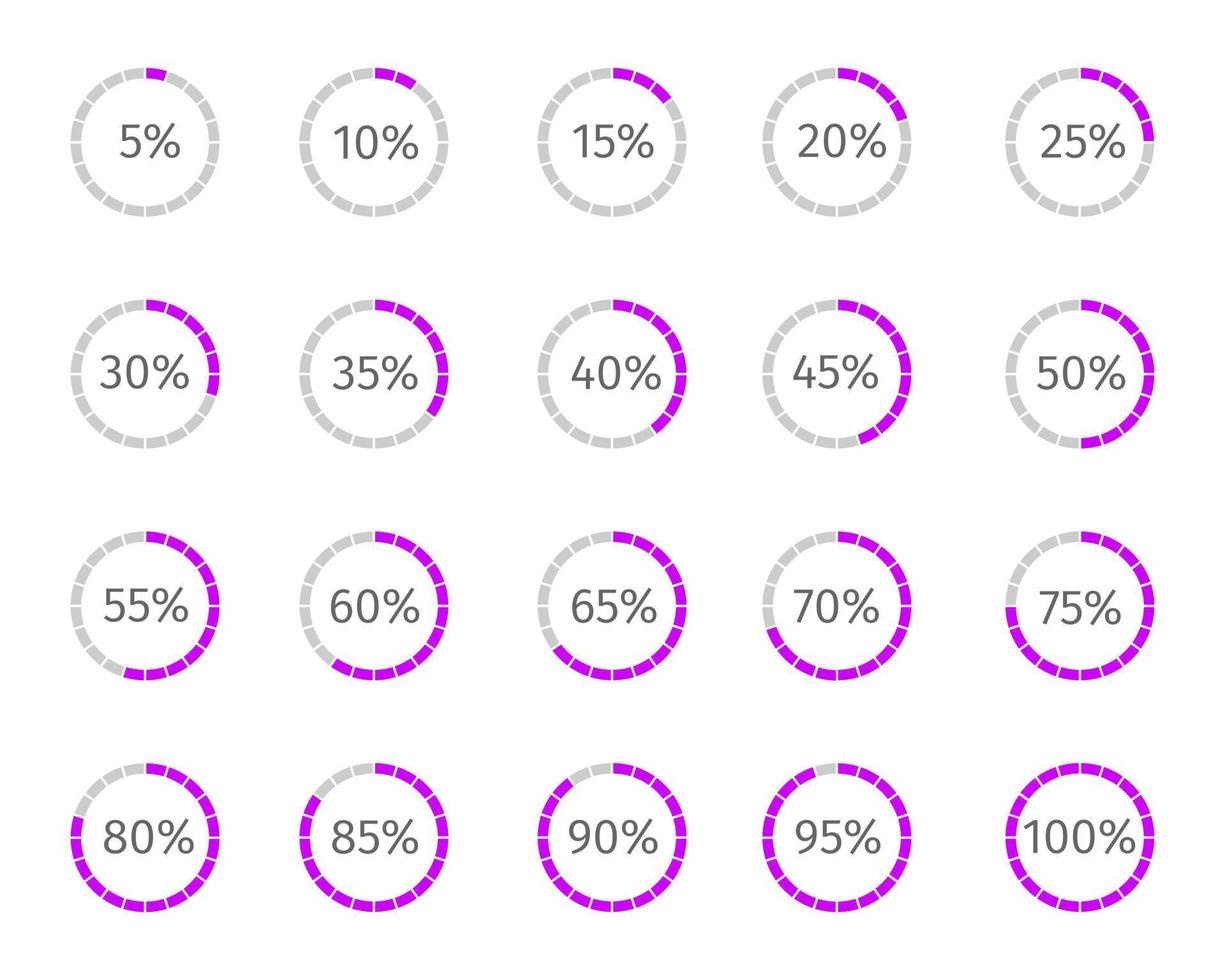 Runde Ladebalken mit Prozentzahlen, die in Segmente von 1 bis 20 unterteilt sind. Fortschritts-, Warte- oder Download-Symbole gesetzt. Infografik-Animationselemente für die Website-Schnittstelle vektor