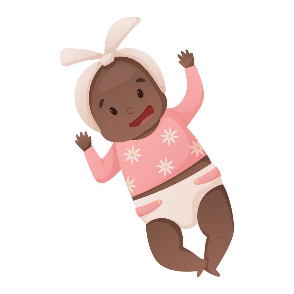 vektor illustration av liggande afrikansk amerikan nyfödd bebis i blöja isolerat på vit. söt liten bebis flicka leende.