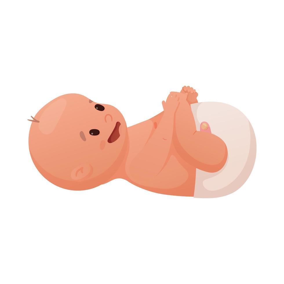 vektor illustration av en skrattande nyfödd bebis i en blöja lögner på hans tillbaka isolerat på vit.