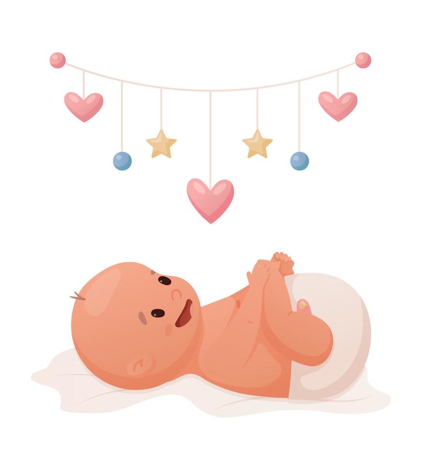 neugeborenes baby, das mit hängendem handy oder rasseln liegt und spielt, vektorillustration. vektor