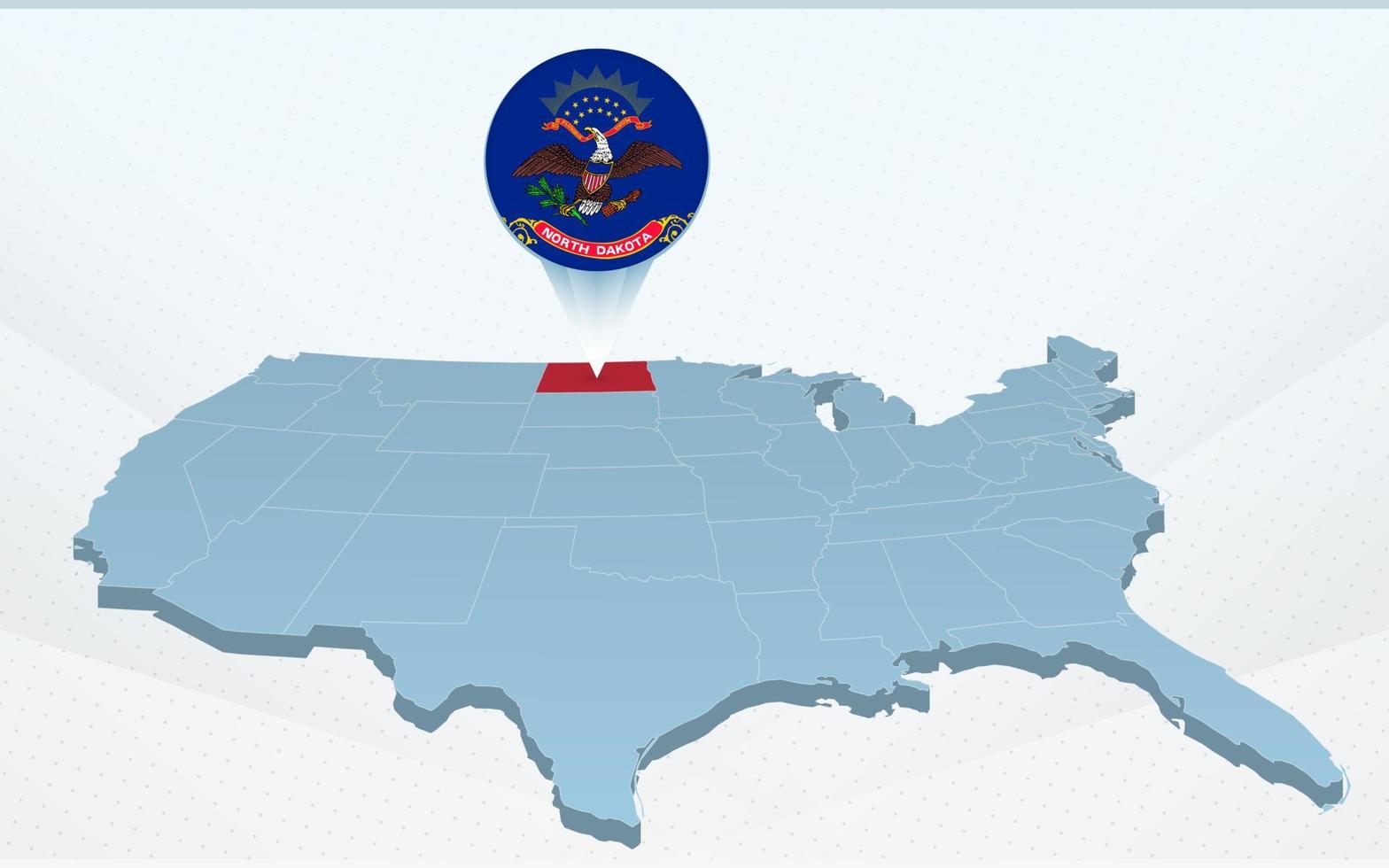 Karte des Bundesstaates North Dakota auf der Karte der Vereinigten Staaten von Amerika perspektivisch. vektor